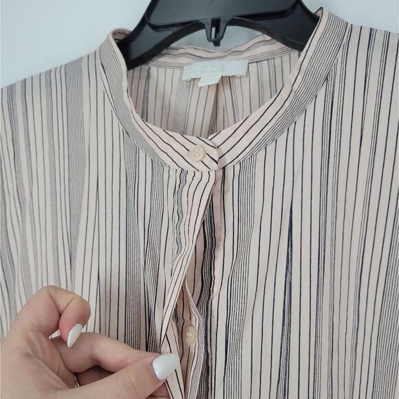 COS Pink Black Stripe Cotton Waist Tie Button Down Short Sleeve Mini Dress 14 - Picture 2 of 10